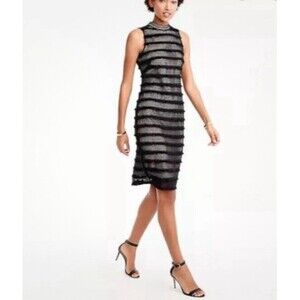 J. Crew Black Fringe Lace Sheath Dress Party Cocktail High Neck Size 4